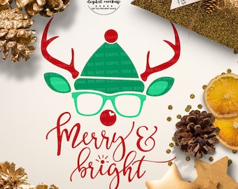 Merry and Bright SVG, Christmas svg, Reindeer svg, Rudolph svg, Reindeer Cut File, eps, dxf, png Cut Files for Silhouette for Cricut