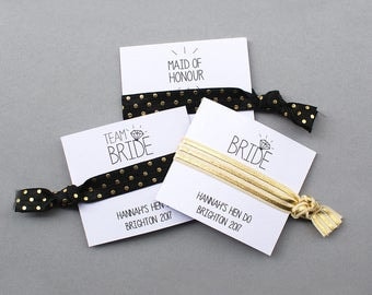 Team Bride Wristbands Black and Gold / Hen Party Hair Ties / Hen Do Hair Band Bracelet / Hen Party Favour / Personalised