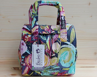 Insulated Lunch Bag, Bento Box Reusable lunch tote/carrier, waterproof lining, BPA Free, Food Friendly, purple, blue, flowers, washable