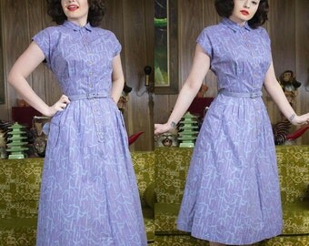 40s Purple Dress | 1940s Dress | 40s Dress | 40s Cotton Dress | 40s Novelty Dress | 40s Shirt Dress | 40s Full Skirt | 40s Day Dress