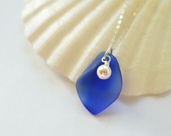 Cobalt blue sea glass pendant seaglass pendant sea glass jewelry seaglass jewelry blue necklace with Swarovski pearl handmade jewelry