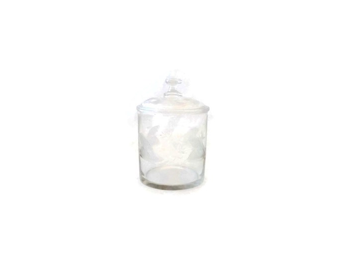 Vintage Delicate Etched Glass Apothecary Jar with Lid / Candy Jar | Bathroom Storage Jar / Floral Etched Jar