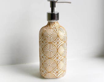 Hand painted Soap Dispenser - Yellow gold glass soap pump, housewarming gift