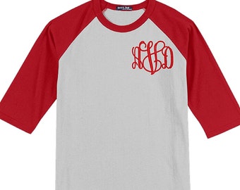 Monogrammed Raglan 3/4 Sleeve UNISEX fit Baseball style Shirt in Sizes XS to 6XL--Three Quarter Sleeve Length Baseball Monogram