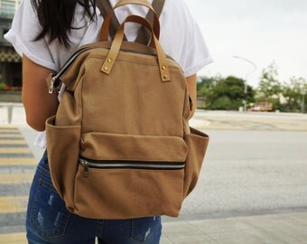 SALE 15% Canvas diaper brown Backpack , Brown Bag, Canvas backpack , Diaper Bag , Laptop bag, Women , unisex , School bag, Vegan Leather