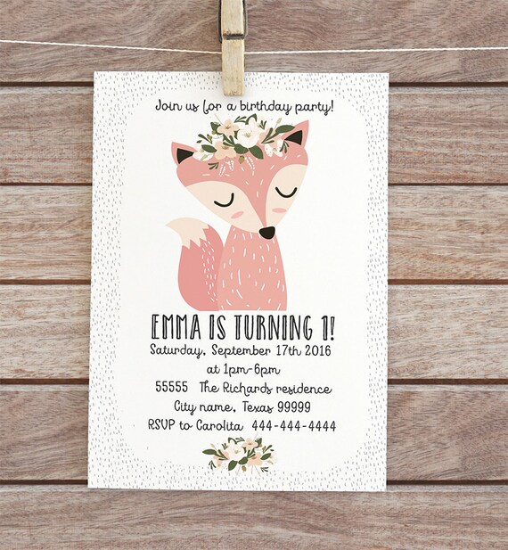 Printable Fox birthday invitation baby girl printable
