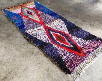 FREE SHIPPING Vintage Boucherouite Moroccan Rug , Moroccan Runner , Tribal Rug , Geometric Rug , 7 x 3 Rug , Bright, Vivid, Diamond , Fluffy