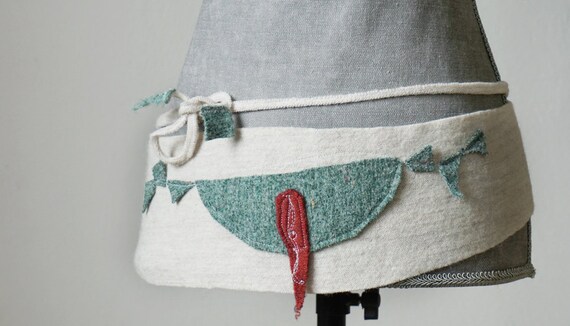 white wool belt I Wool Fabric wrap I Sash-belt I white-red-green loden obi I loden belt I with pocket I