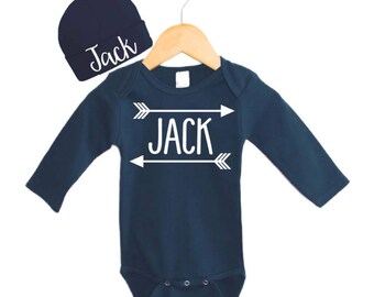 Navy Personalized Baby Boy Gift, Personalized Baby Hat, Baby Boy Arrow Outfit, Navy Hat and gown set, Navy Personalized Navy Bodysuit
