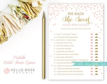 Pink and Gold Bridal Shower Games . He Said She Said Bridal Shower Game . Printable Instant Download . Gold Glitter Pink Confetti Hearts