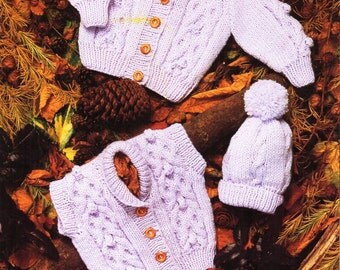 baby aran jacket gilet hat knitting pattern pdf cable cardigan waistcoat cap 16-24" aran worsted 10ply pdf instant download