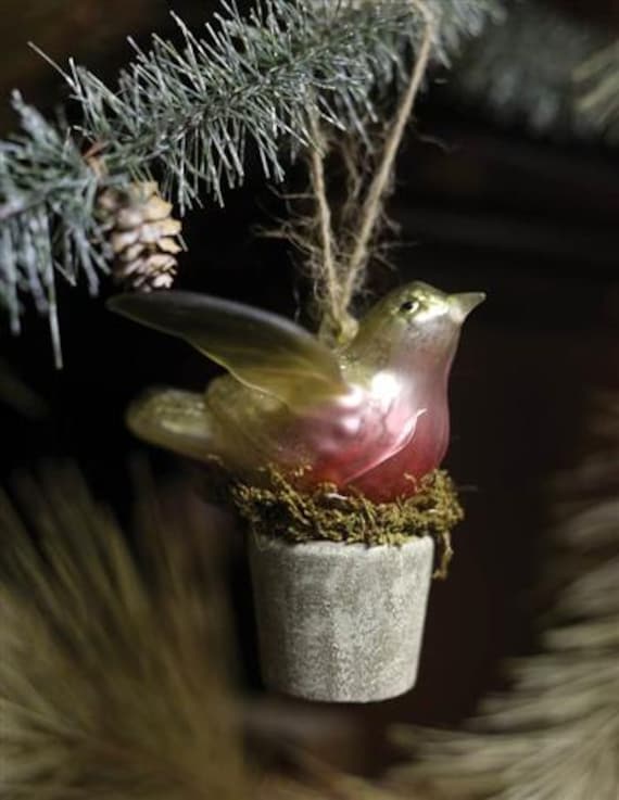 Victorian Christmas Tree Ornament Blown Glass Robbin Bird