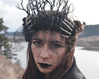 Black Witch Crown, Demon Festival Headdress, Black Quartz Crown