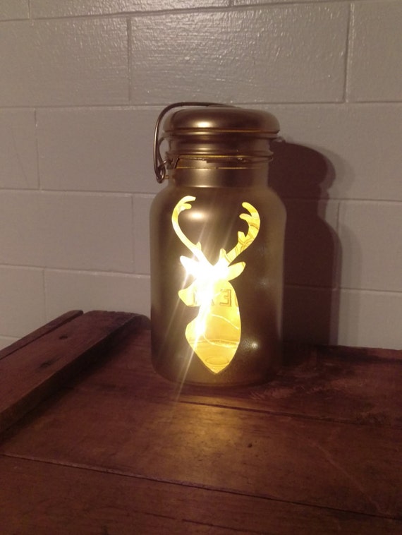 Upcycled Vintage Deer with Antlers Quart Mason Jar Light with