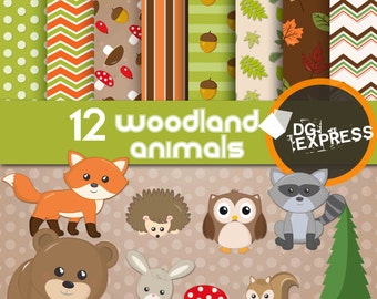 Woodland Animals Clipart & Digital Paper : "FOREST ANIMALS DIGITAL Paper" - Woodland Clip art, Forest Scrapbook, Squirrel, Raccoon Printable
