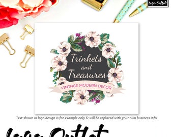 Watercolor Floral Logo Design - Includes files for Web + Print + Watermarks! Perfect for Boutique, Photographer, Vintage Shop + much more!