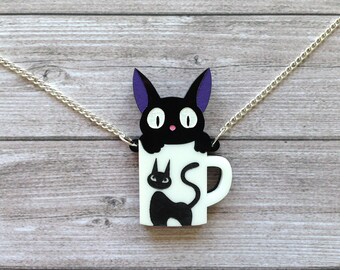 Jiji and his cup necklace from Kiki's delivery service - Ghibli, Miyazaki, geek, cute, kawaii, black cat, laser cut acrylic, handpainted