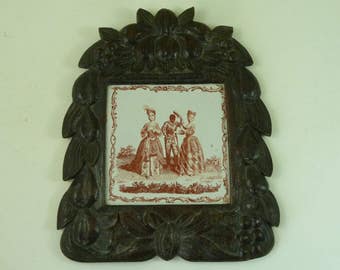 1765 Comedie Del'Arte Colombine Harlequin Ragonda Liverpool Delft Tile Carved Oak Frame Antique