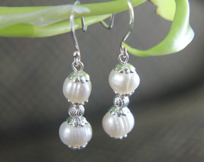 White Pearl and Silver Dangle Earrings, Sterling Silver French Hook Ear Wires, Bridal Jewelry, Bridesmaid Earrings, Beaded Wedding Accessory