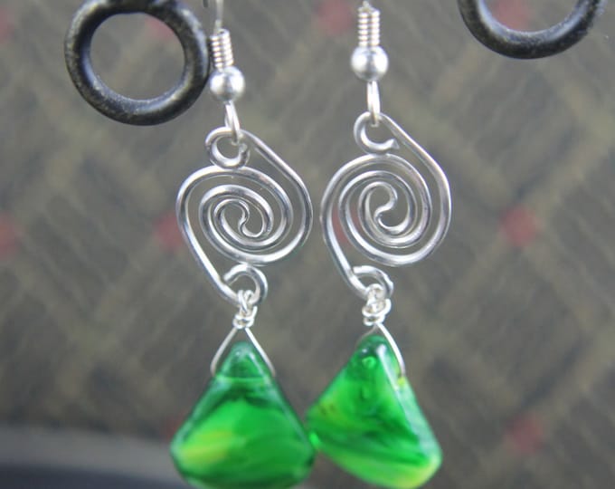 Sterling Silver Spiral Swirl with Green Triangle Bead, Geometric Dangle Earrings, Wire Wrap Jewelry, Unique Boho Hippie Gift for Her