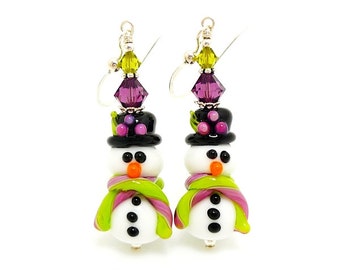 Snowman Earrings, Christmas Earrings, Lampwork Earrings, Glass Bead Earrings, Christmas Jewelry, Glass Bead Jewelry, Fun Earrings