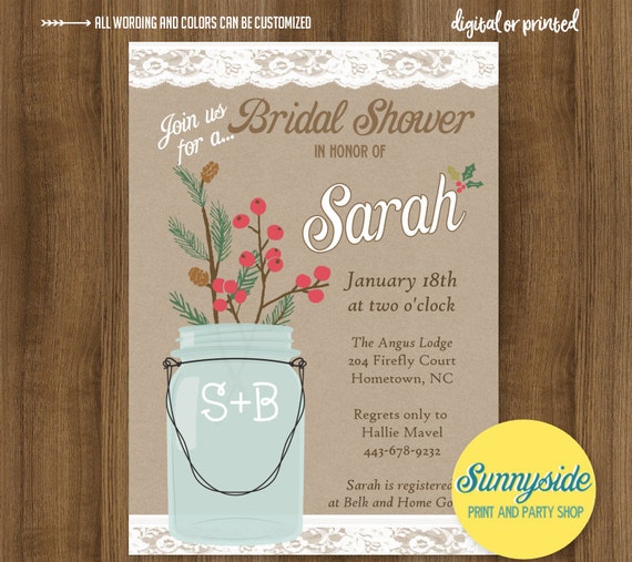 Christmas mason jar bridal shower invitation with holly, Rustic printable or printed winter wedding shower holiday invites Il_570xn