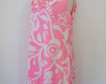 60's Brightest Pink Hawaiian Mini Dress Psychedelic Mod Ruffle Sleeveless Cotton L