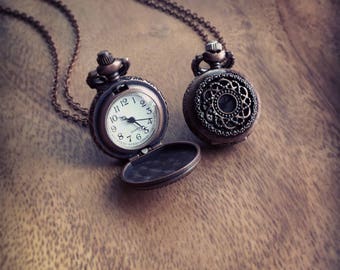 Pocket Watch, Time piece, Antique Copper Rose/ Filigree Engravings Pocket Watch Necklace