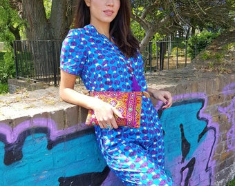 Short Sleeve Jumpsuit /Rompers made in Handmade Blue and Purple Print Abstract Cotton with Pockets and Piping