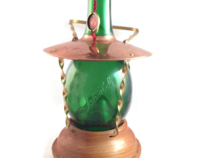 German Decanter Music Box | Copper Wood & Green Glass | Trink Bruederlein | Reuge Swiss Musical Movement