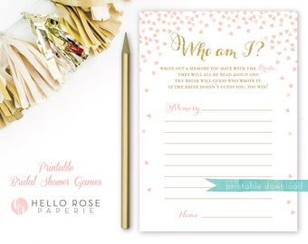 Who Am I? Bridal Shower Game . Guess who said it . Printable Pink and Gold Bridal Shower Game . Printable Instant Download . Gold Glitter