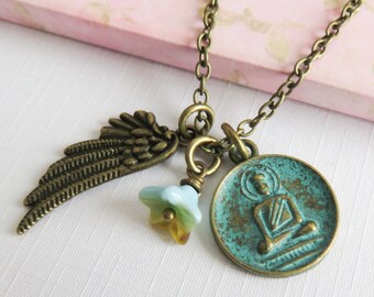 Buddha necklace, spiritual charm necklaces, zen jewelry, rustic jewelry, gift for her, blue necklaces