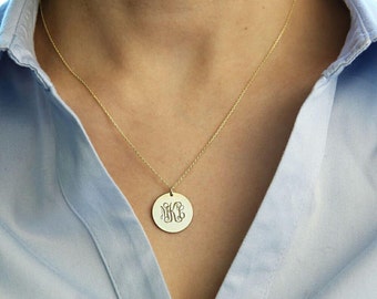 Personalized Disc Necklace-Gold Monogram Necklace-Gold Initial Disc Necklace-Monogram Necklace-Engraved Disc Necklace-Personalized Gift