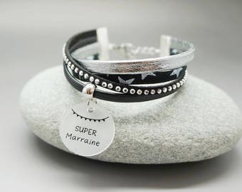 bracelet manchette cuir liberty strass cabochon "Super Marraine" personnalisable