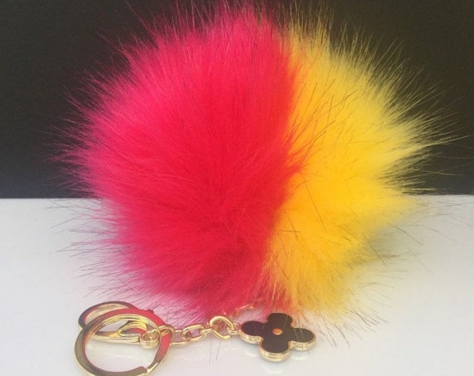 NEW! Faux Duo Pink/yellow Fox Fur Pom Pom bag Keyring keychain pom pom fake fur ball