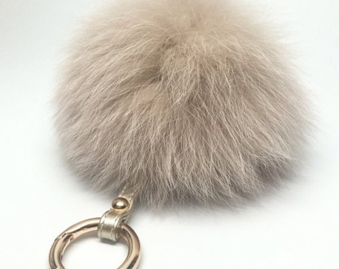 Beige Fur Pompon bag charm pendant Fur Pom Pom keychain ball puff