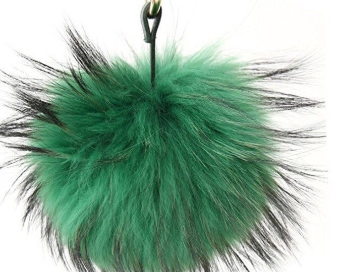 Green with natural markings Raccoon Fur Pom Pom luxury bag pendant keychain fur ball puff