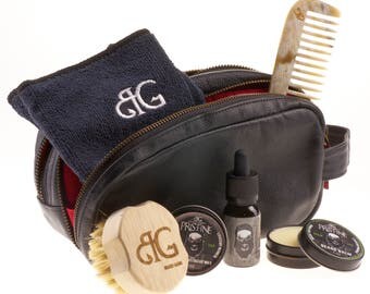 Best Beard Kit | Complete balm, oil, wax, brush, comb & soap grooming kit W/ leather toiletry bag
