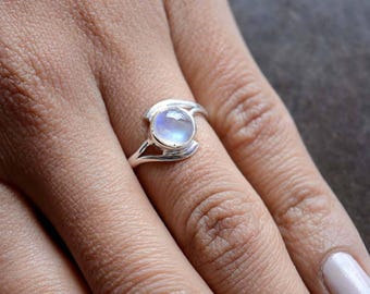 Rainbow Moonstone Cabochon Sterling Silver Ring, Stacking Ring, Rainbow Ring, 925 Silver Ring, Natural Gemstone Rings - SKU 435