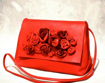 Leather bag Red,Leather Clutch,Little Bag leather,Mini Handbag,Evening bag,Bag with flowers,Gift for her,red leather,leather,handbag,bags