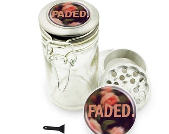 Faded Floral 1.5" Herb Grinder and Glass Jar Combo! 4 Part Aluminum Metal Grinders & Wire Top Glass Stash Jar for Herbs Spices w/ Jar Labels