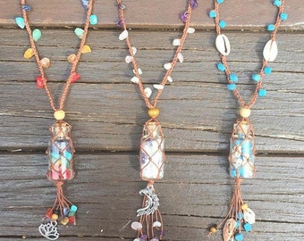 Crystal vial adjustable macarme necklace