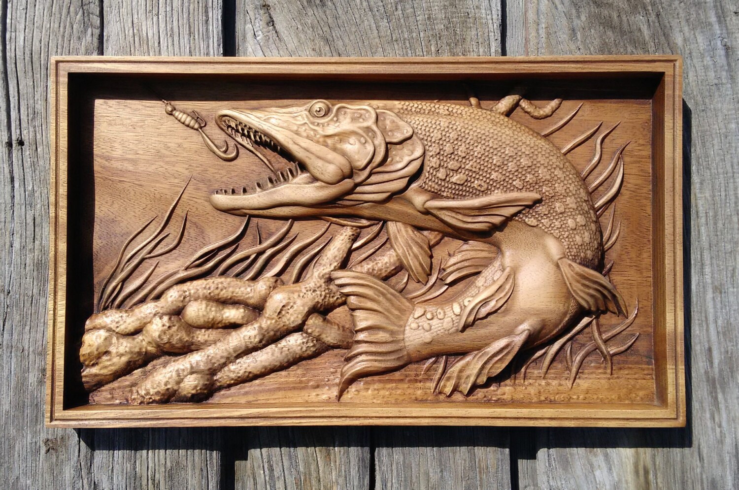 Pike Carved Fish Wood Carving Nautical Hanging Home Decor