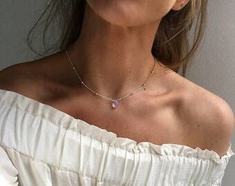 Beaded silver necklace, opalite style moonstone necklace, silver layered necklace, silver short necklace, mermaid tears by Serenity project