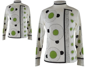 Vintage Shirt, 1960s Shirt, 60s Shirt, Green White Mod Shirt, Flower Power, Geometric, Mod Sweater, Twiggy, Mock Turtleneck, Size Medium