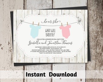 Rustic Gender Reveal Invitation Download - Printable Template - Instant Digital File Editable PDF - He or She Pink and Blue Onesies - 5x7