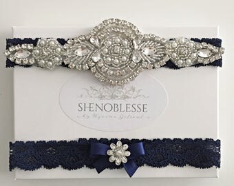 ALICE ~ Wedding garters-lace wedding garter-blue lace garter-navy blue garter-crystal garter-something blue garter-vintage garter
