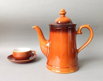 Vintage Boch Coffee Pot Teapot Glazed Ceramic Brown Caramel 70's Retro Kitchenware La Louviere Belgium.