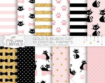 Cat digital paper - Kitty pattern - black, gold and pink kitten - pets pattern - 12 digital paper pack - INSTANT DOWNLOAD