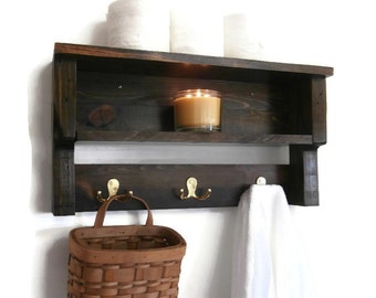 Rustic Chunky Bathroom Shelves-Pallet Wood Wall Shelf-2 Shelf Bathroom Shelves with Hooks-Rustic Wood Bathroom Shelf-Open Shelves Towel Rack